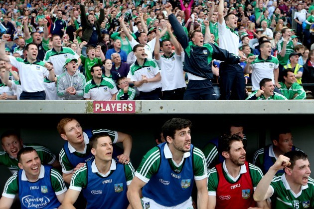 Limerick players nervously watch the closing moments of the game