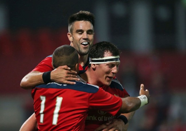 Simon Zebo celebrates his third try with Conor Murray and Robin Copeland