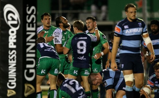 George Naoupu and Kieran Marmion celebrate with Robbie Henshaw after he scored his side's opening try