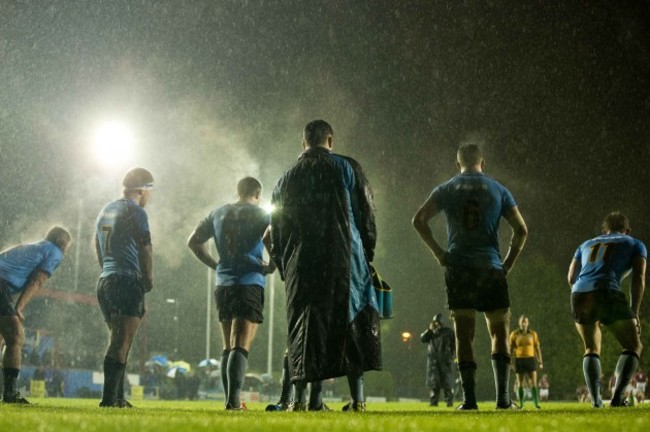 A general view of UCD players as they await a conversion attempt