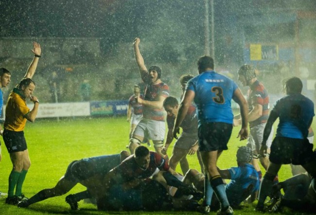 Clontarf celebrate scoring a try