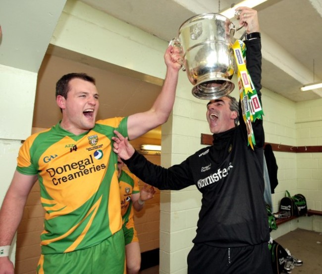 Michael Murphy and Jim McGuinness celebrate with the Anglo Celt