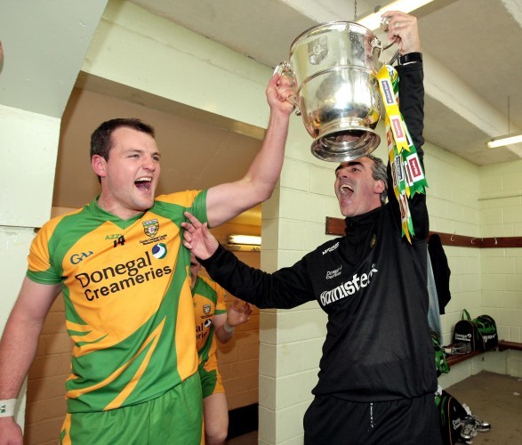 Michael Murphy and Jim McGuinness celebrate with the Anglo Celt