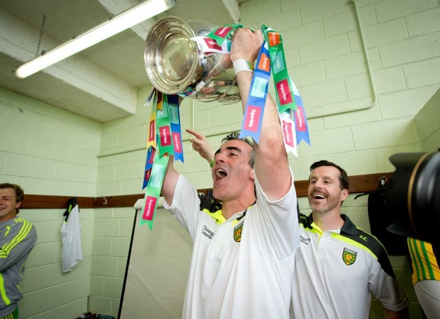 Jim McGuinness celebrates with the Anglo Celt Cup