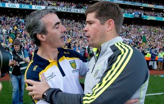 Jim McGuinness congratulates Eamonn Fitzmaurice after the game