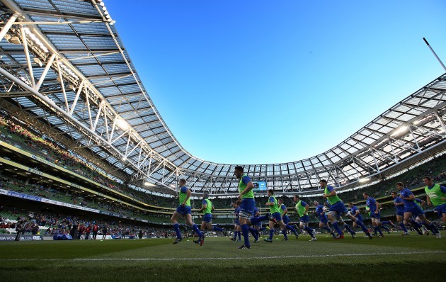 The Leinster team warm up before the match