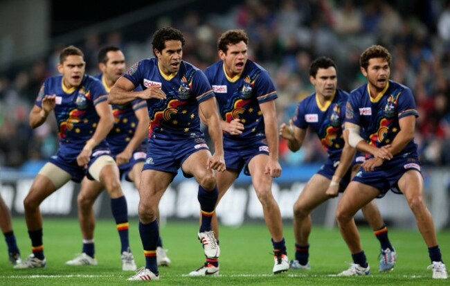 Australian players do a war cry before the game