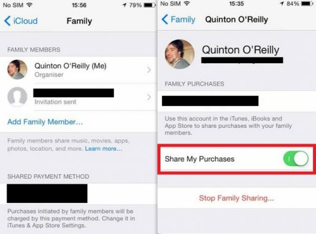 Family sharing purchases