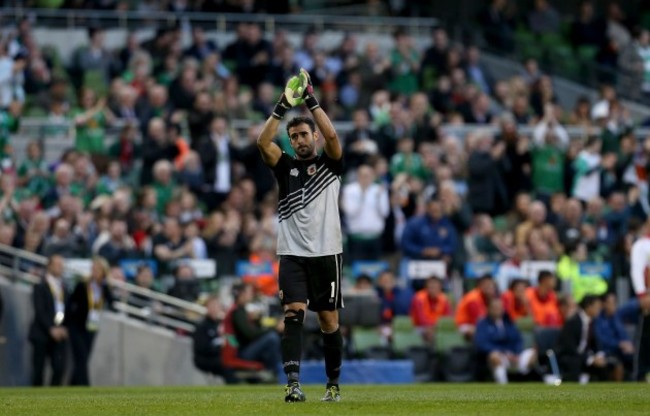 Jordan Perez applauds the crowd as he is taken off after conceding seven goals