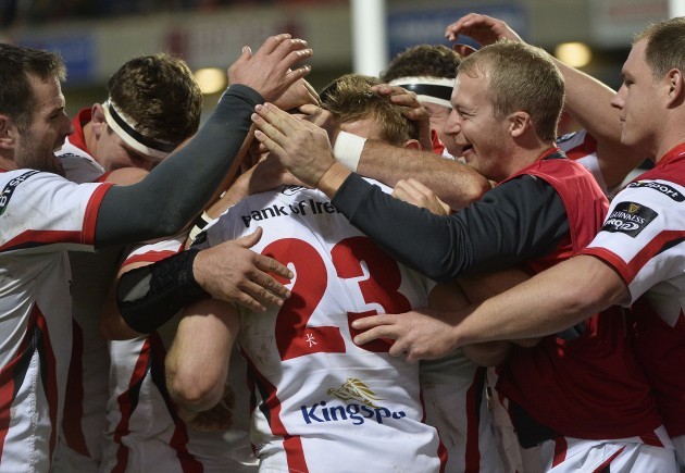 Craig Gilroy celebrates his try with teammates