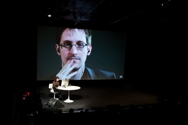 Edward Snowden talks with Jane Mayer via satellite at the 15th Annual New Yorker Festival