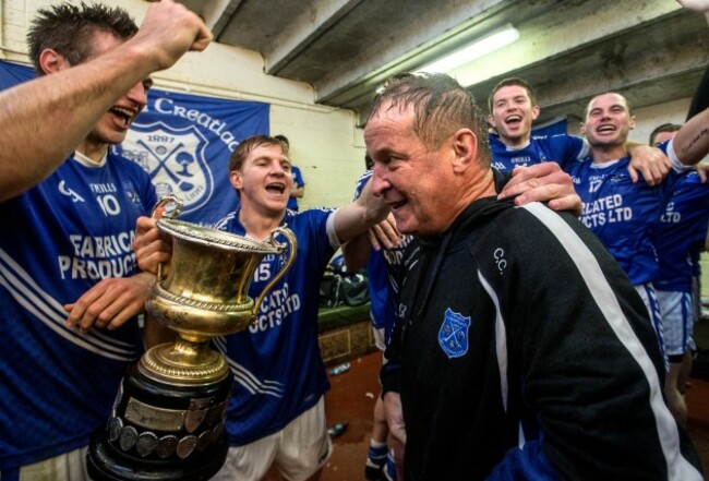Colm Collins celebrates with his team after the game with Padraic Collins