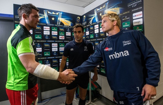 Peter O'Mahony and David Seymour perform the coin toss with Mathieu Raynal