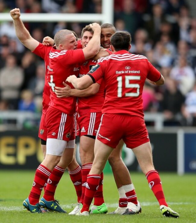 Ian Keatley celebrates kicking the winning drop goal with Andrew Conway, Simon Zebo, JJ Hanrahan and Felix Jones