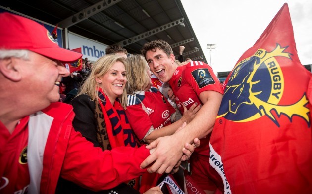 Ian Keatley celebrates with his family after the game