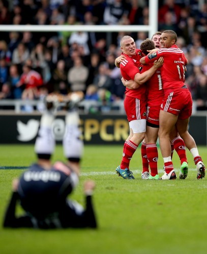 Andrew Conway, JJ Hanrahan, Simon Zebo celebrate with Ian Keatley after he kicked a winning drop goal