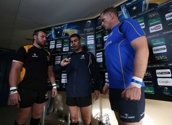 Matt Mullan and Jamie Heaslip with Leighton Hodges at the coin toss