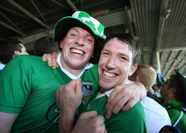 Limerick's Shane Dowling and Seamus Hickey celebrate after the game