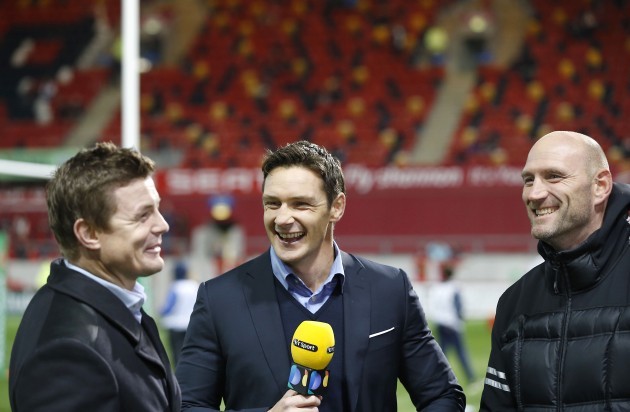 David Wallace shares a joke with Brian O'Driscoll and Lawrence Dallaglio before the match