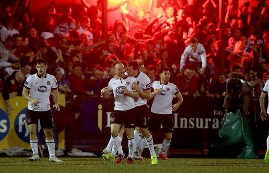 Stephen O'Donnell celebrates scoring the first goal of the game with Brian Gartland