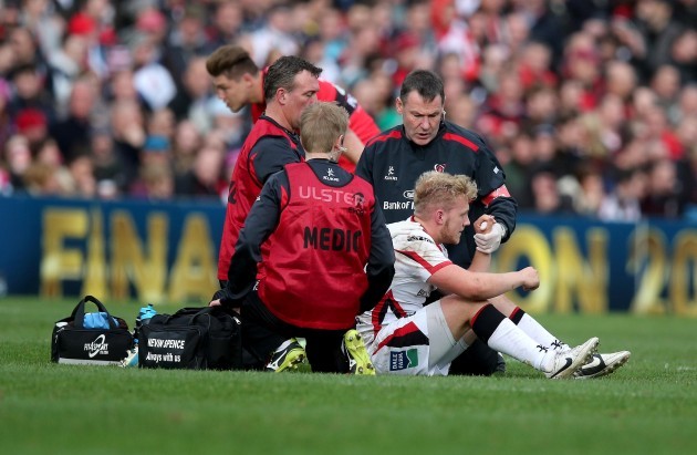 Stuart Olding is treated before going off