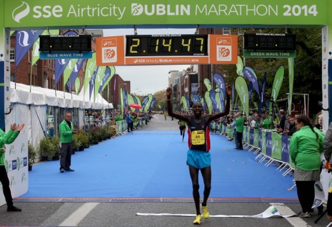 Eliud Too crosses the line to win the Dublin Marathon