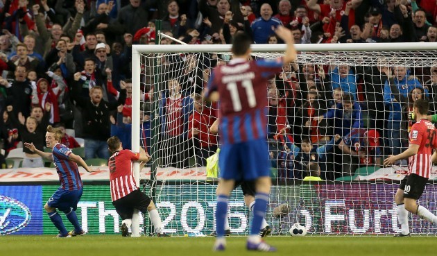 Christy Fagan scores the first goal off the post