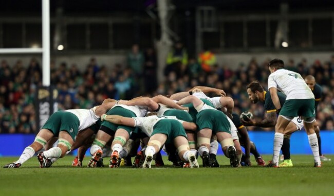 General view of a scrum as Francois Hougaard puts the ball in