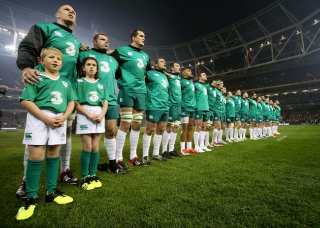 Ireland team line out during the national anthems with the mascots
