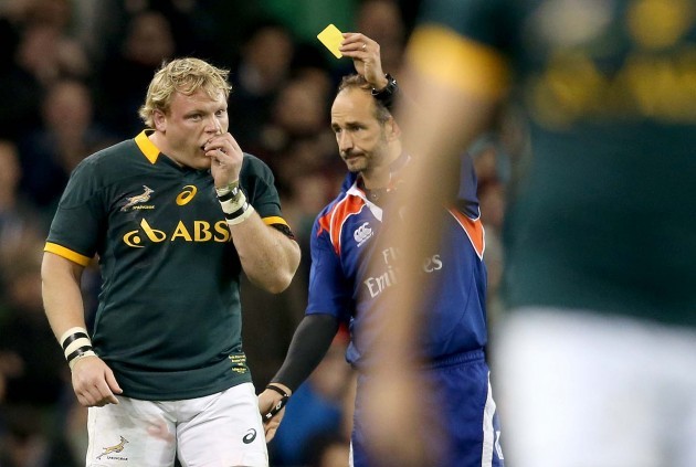 Adriaan Strauss gets a yellow card from referee Romain Poite