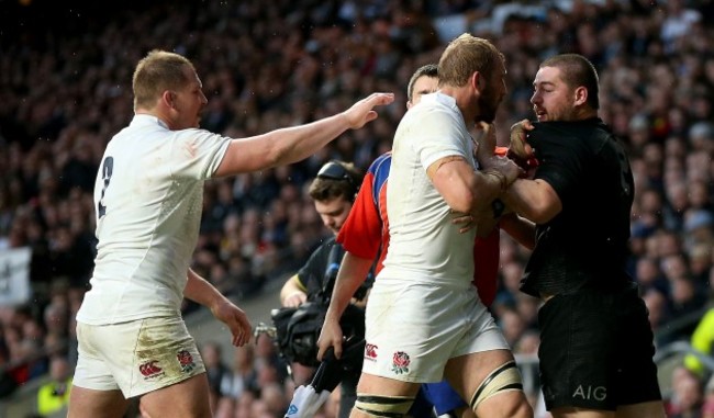 Chris Robshaw and Dylan Hartley argue with Dane Coles