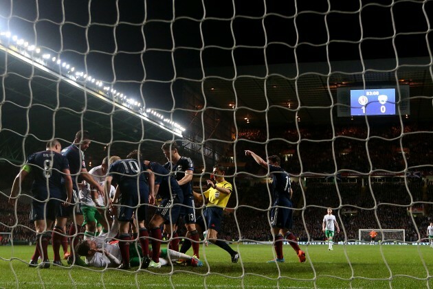 Scott Brown, Steven Naismith and Charlie Mulgrew confront Richard Keogh after he collided with goalkeeper David Marshall