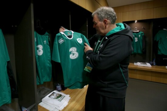 Paddy Rala O'Reilly hangs up the Irish jersey's in the changing room