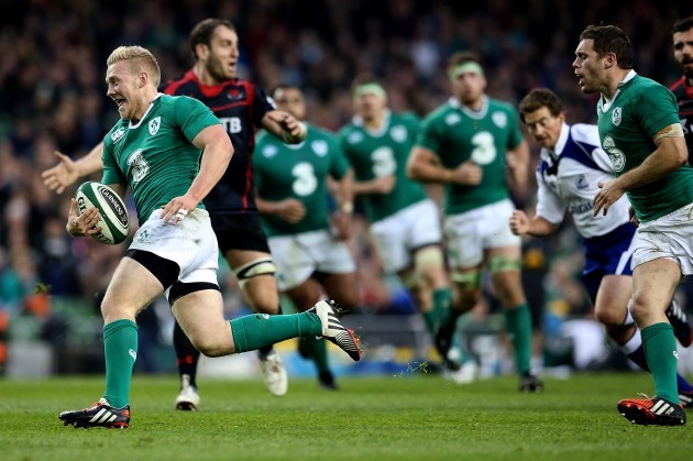 Stuart Olding breaks free to score his side's sixth try