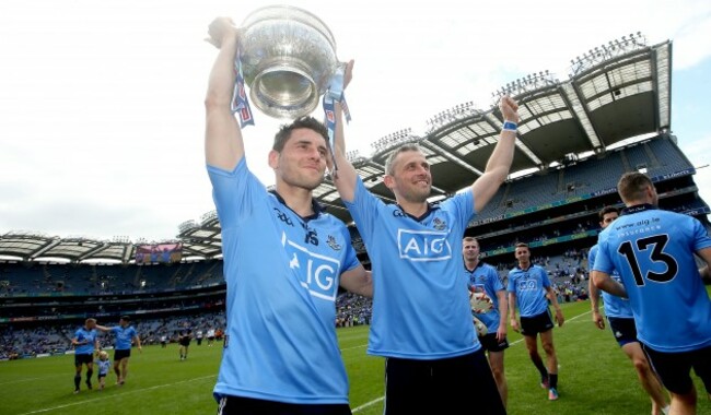 Bernard Brogan and Alan Brogan celebrate with the Delaney Cup