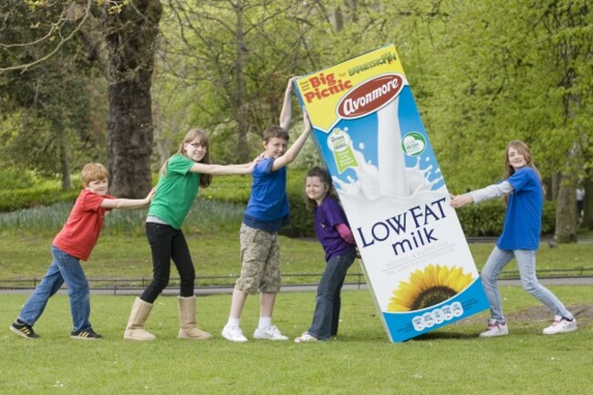 .  Picnic season is back. L-R Lochlann Hackett aged 10, Loran Sullivan 17, James Sullivan 12, Leonie Hackett 7 and Roisin Hackett 11 roll out their picnic blanket for the launch of the second annual Avonmore Big Picnic for Barretstow