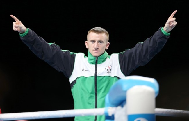 Paddy Barnes celebrates winning a gold medal on the podium