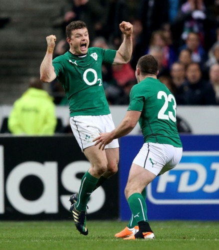 Brian O'Driscoll celebrates with Fergus McFadden at the final whistle