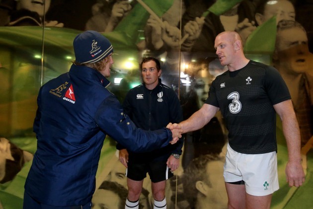 Paul O'Connell with Michael Hooper and Glen Jackson during the coin toss