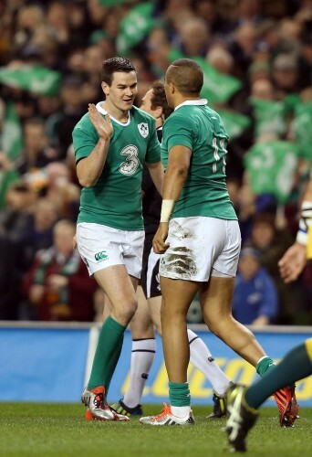 Simon Zebo celebrates scoring a try with Jonathan Sexton