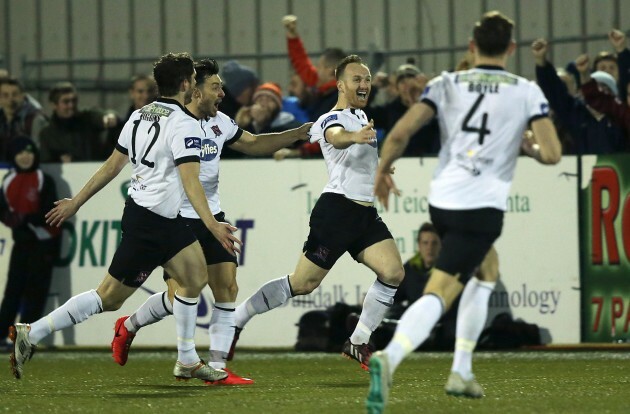 Stephen O'Donnell is congratulated by Richie Towell and Ruadhri Higgins