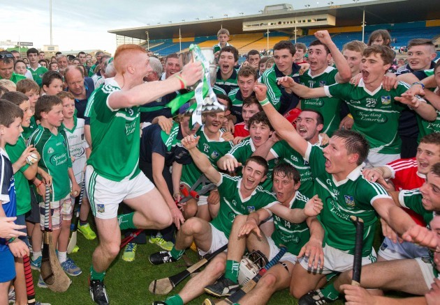Limerick captain Cian Lynch celebrates with the team after winning the Munster GAA Hurling Minor Championship trophy