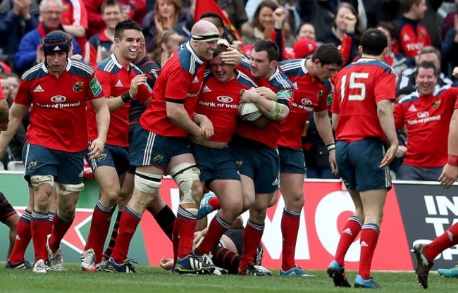 Dave Kilcoyne celebrates his try with Paul O'Connell