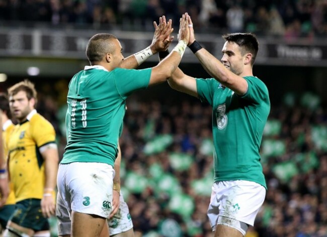 Simon Zebo celebrates his try with Conor Murray