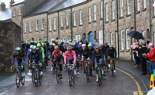 Michael Matthews leads the peloton through Armagh