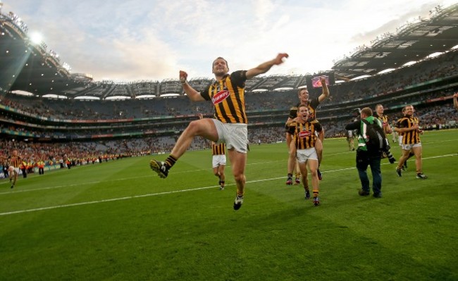 Jackie Tyrell celebrates in front of the Hill at the end of the game