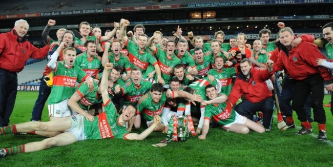 Rower Inistioge players celebrate with the cup at the end of the game