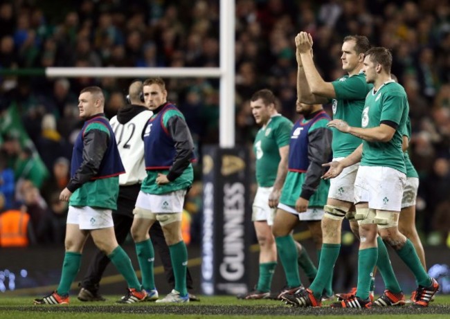 Devin Toner and Dave Foley applaud the crowed