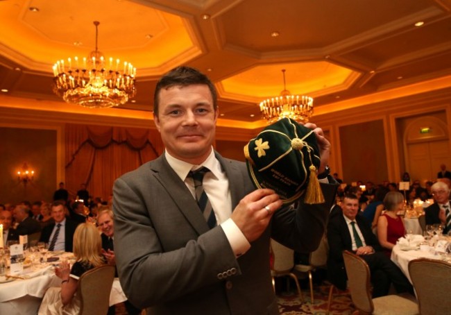 Ireland&Otilde;s Brian O&Otilde;Driscoll who received a cap for his world record of 140 caps at the IRFU dinner after the match
