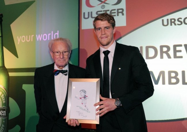 Andrew Trimble is presented with the Ulster Rugby Supporters Club Player of the Year by Jack Kyle